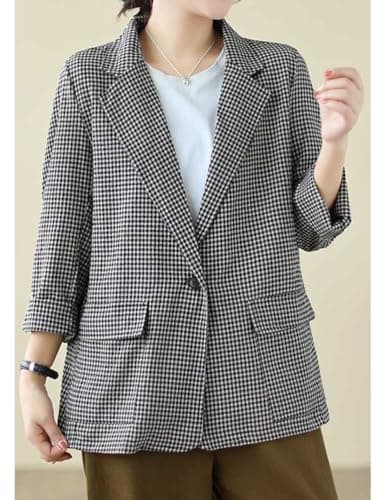 Cotton Linen Plaid Blazer for Women Oversized Lightweight Jacket
