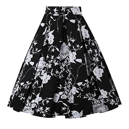 OBBUE Vintage Floral A-line Printed Midi Skirt with Pockets — Black White Flowers
