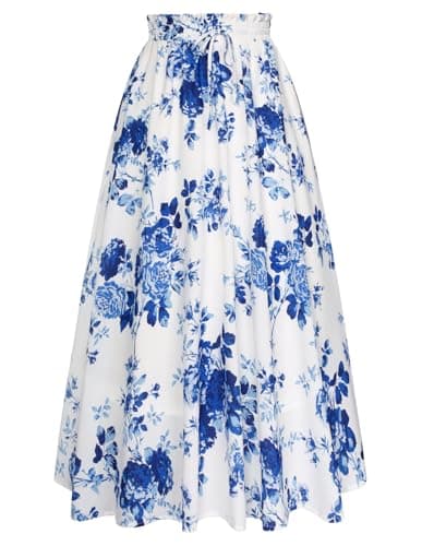 Scarlet Victorian Maxi Skirts for Women Summer Floral Pockets — Azure Mist