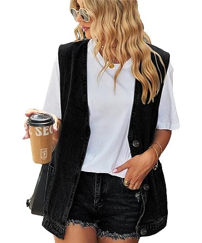 PAODIKUAI Women's Oversized Distressed Denim Vest Jackets — A1-black