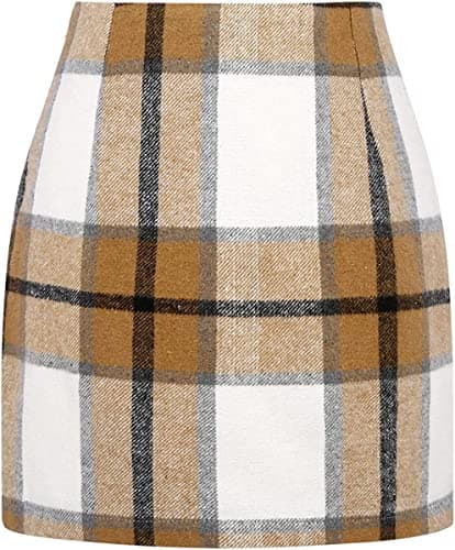 Women's High Waist Plaid Mini Wool Pencil Skirt — Shallow Khaki