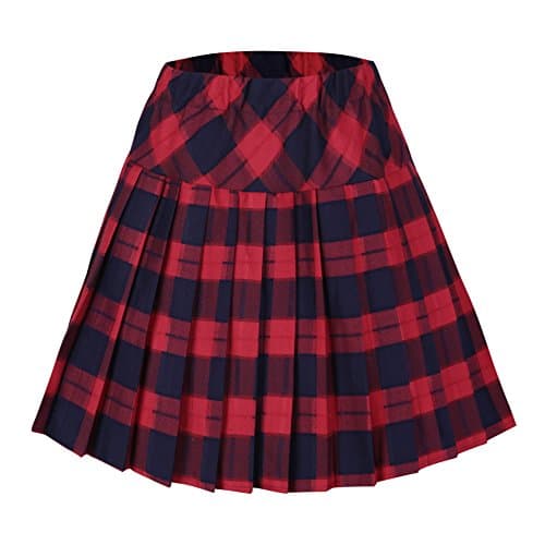 Urban CoCo Women's Elastic Waist Tartan Pleated School Skirt — Series 5 Red