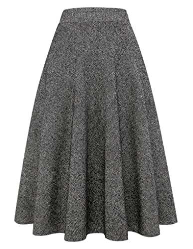 Women's Long Plaid Wool Skirt for Winter: High Waisted A-line Flare — Black