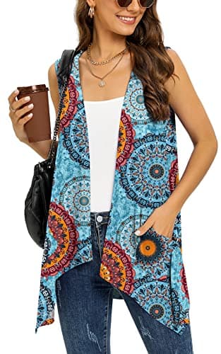 Veryoung Women's Lightweight Floral Long Sleeve Cardigan with Pockets — D03-floral_round_blue-sleeveless