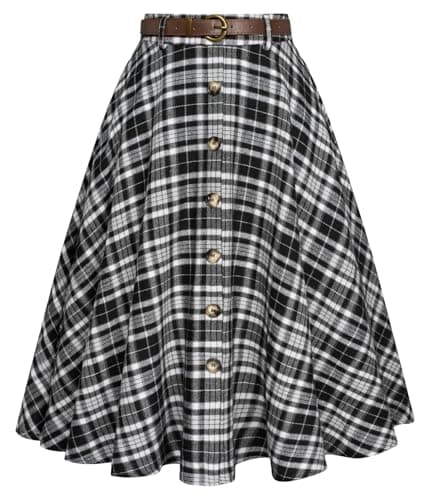 Belle Poque Women's Vintage Pleated Flared Midi Skirt with Pockets & Belt — Black