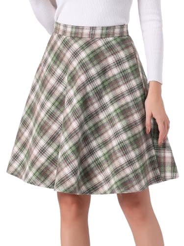 Allegra K Women's Vintage Tartan Knee-Length A-Line Elastic Waist Skirt — Green Beige