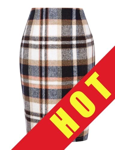 Womens Plaid Wool Pencil Skirt for Fall and Winter — Brown