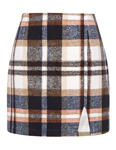 High Waisted Wool Plaid Mini Skirt with Slit for Women by IDEALSANXUN — Brown