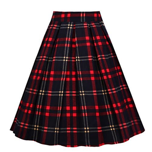 Girstunm Women's Floral Print A-line Midi Skirt with Pockets — Red-black