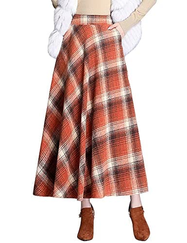 Ylingjun Long Plaid Wool Skirt for Women Winter Fall — Orange/Long