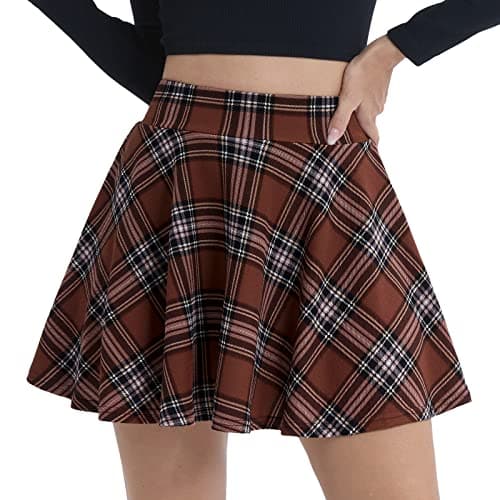 DJT Women's Flared Pleated Mini Skater Skirt with Shorts — Brown