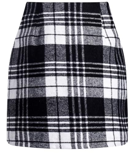 EachWell Women's High-Waist Plaid Wool Bodycon Mini Skirt — Black&white