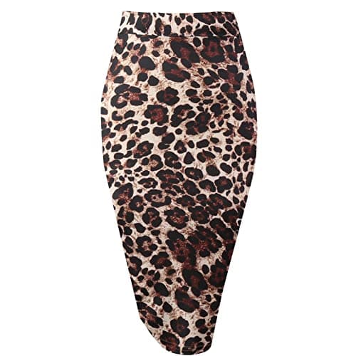 Topdress Women's High Waisted Elastic Pencil Skirt Knee Length Short with Slit — Leopard