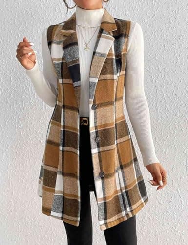 IDEALSANXUN Wool Plaid Vest for Women Fall Winter Sleeveless Blazer Jackets