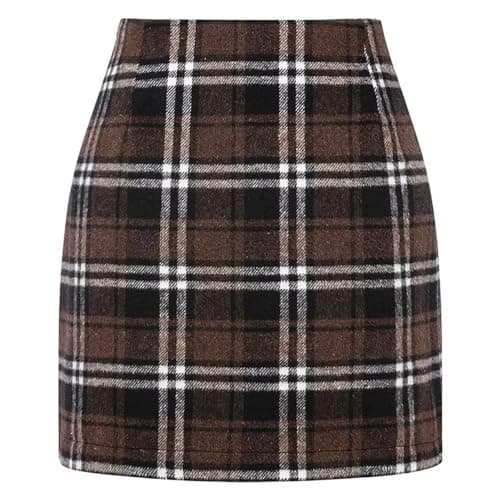 DAYINKEE Women's High Waisted Plaid Bodycon Mini Skirts — Dark Brown