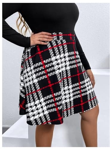 MakeMeChic Women's Plus Size High Waisted Plaid A-Line Flare Knee-Length Skirt