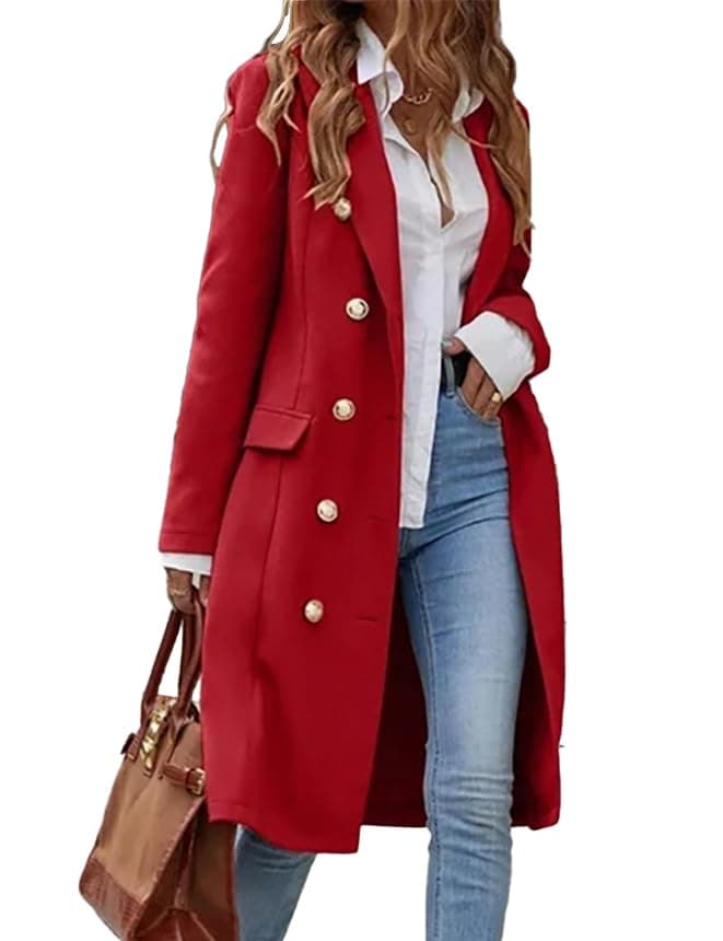 Women's Long Wool Trench Coat for Fall and Winter — Red