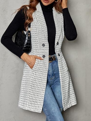GORGLITTER Women's Plaid Sleeveless Long Vest Cardigan Blazer
