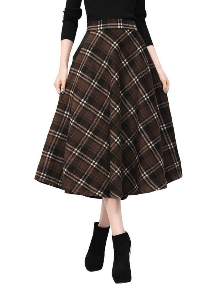 Ylingjun Long Plaid Wool Skirt for Women Winter Fall