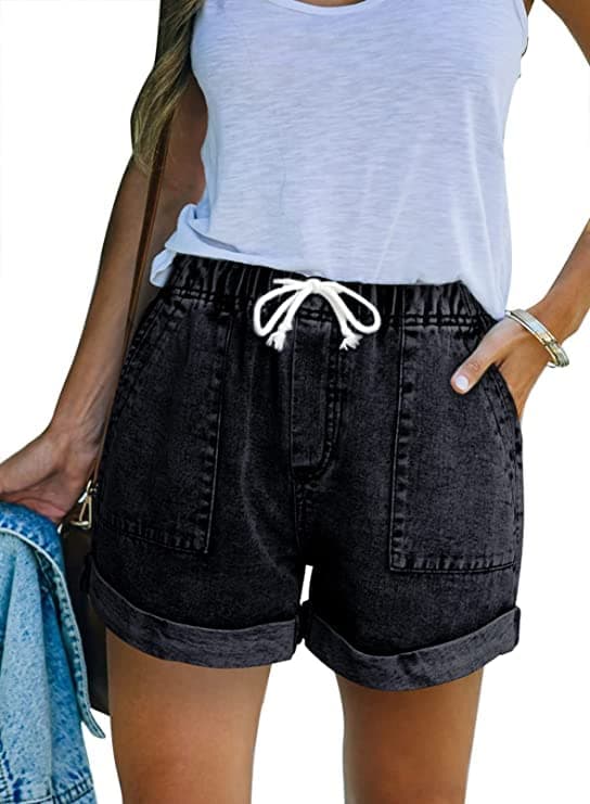 GOLDPKF Women's Mid-Waist Frayed Stretch Denim Shorts — B-black