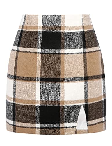 High Waisted Wool Plaid Mini Skirt with Slit for Women by IDEALSANXUN — Brown New