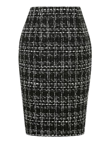 Womens Plaid Wool Pencil Skirt for Fall and Winter — Tweed Black