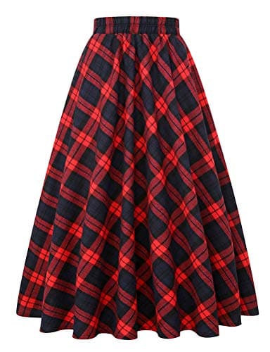 Women's Plaid A-line Midi Pleated Skirt — Red