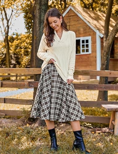 Belle Poque High Waisted Pleated Midi Plaid Skirt with Pockets