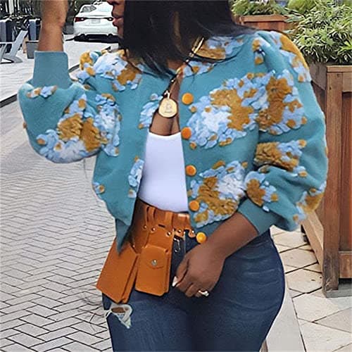HOULENGS Women's Cropped Floral Fleece Bomber Jacket for Winter Warmth
