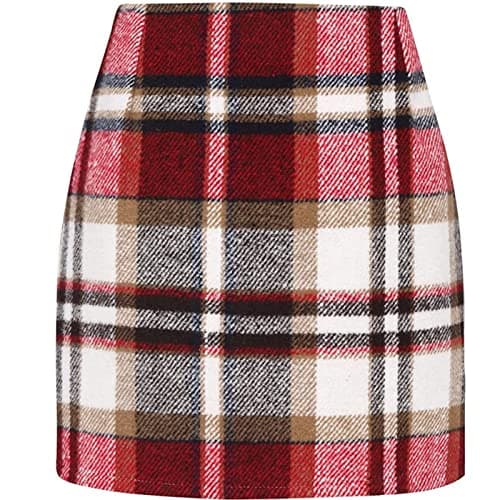 Arssm Women's High Waist Casual Plaid Bodycon Pencil Mini Skirt — Red