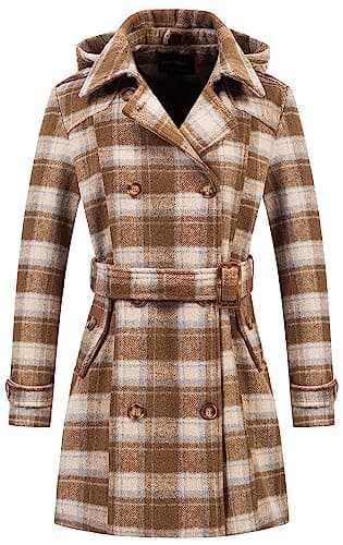 Chrisuno Women's Double Breasted Hooded Pea Coat — Light Brown Plaid