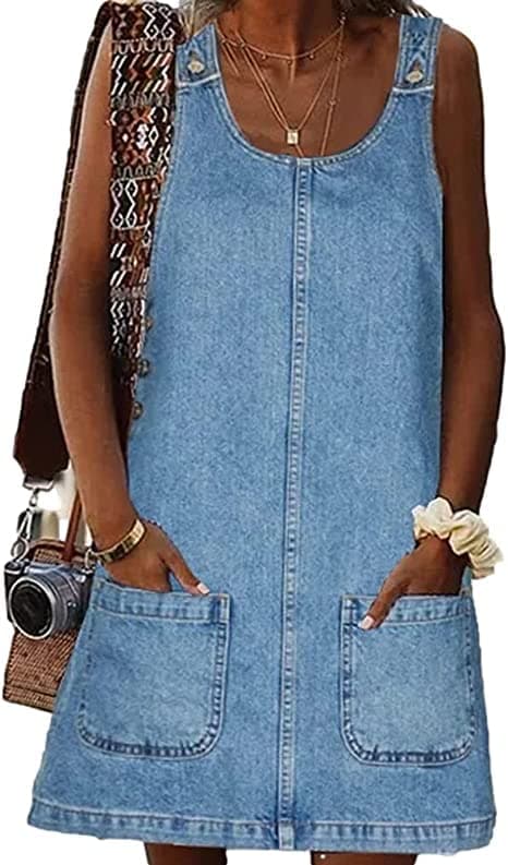 BZB Women's Casual Sleeveless Denim Overall Dress with Pockets — Blue