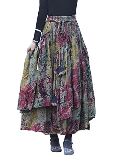 Womens Elastic Waist Retro Maxi Pleated Long Skirt — Print 1
