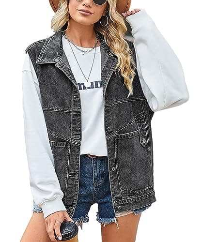 PAODIKUAI Women's Oversized Distressed Denim Vest Jackets — A3-black