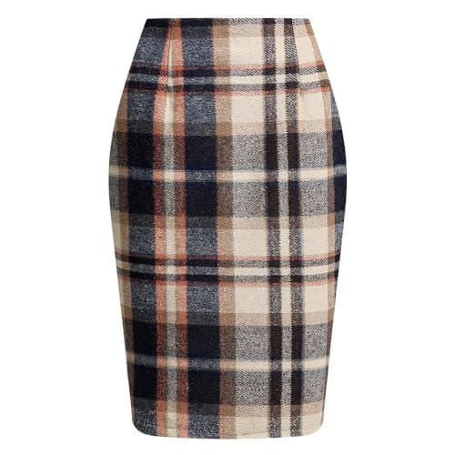 Womens High Waist Plaid Wool Bodycon Mini Skirt Slit — Light Brown Grid