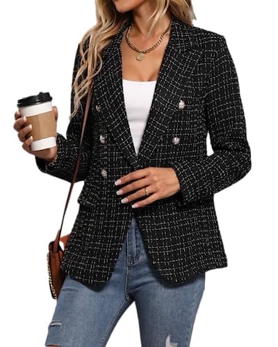 Mina Self 2025 Women's Spring Plaid Tweed Lapel Blazer Jacket with Pockets
