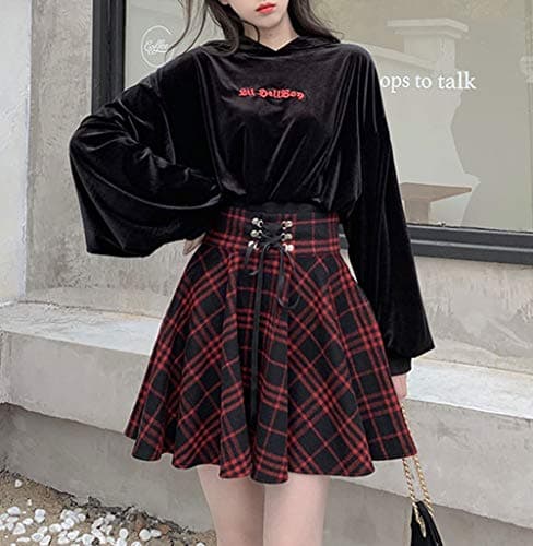 Lunoakvo Women's High Waisted Flare Mini Black Red Plaid Skirt Dress