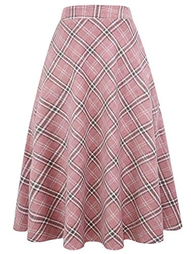 Women's Long Plaid Wool Skirt for Winter: High Waisted A-line Flare — Pink