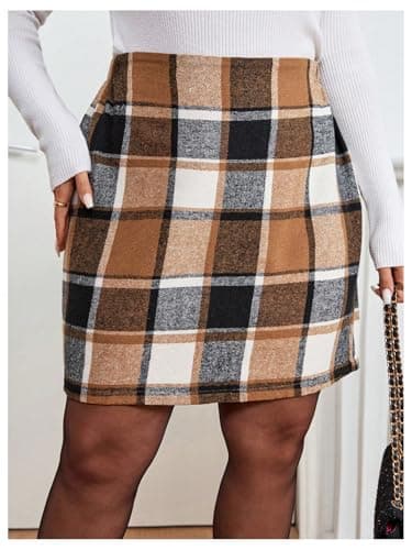 SHENHE Women's Plus Size High Waisted Elegant Straight Plaid Mini Skirt
