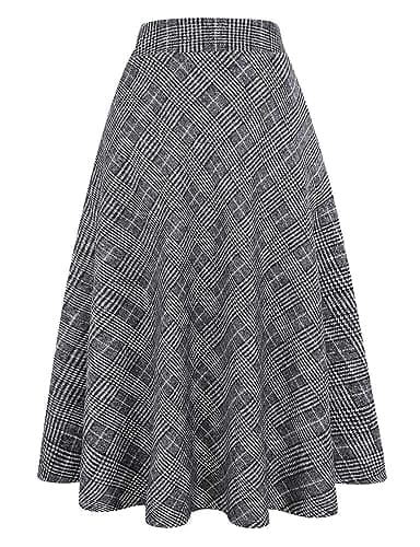 Women's Long Plaid Wool Skirt for Winter: High Waisted A-line Flare — Black White