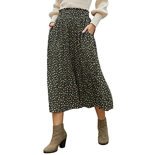EXLURA Women's High Waist Pleated Polka Dot Maxi Midi Skirt with Pockets — Green-floral Print