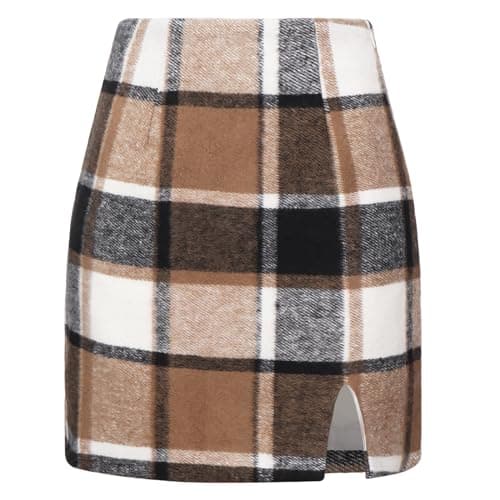 Ibeauti Women's High Waist Plaid Mini Pencil Skirt with Side Split — Plaid Khaki