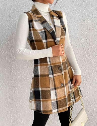 IDEALSANXUN Wool Plaid Vest for Women Fall Winter Sleeveless Blazer Jackets