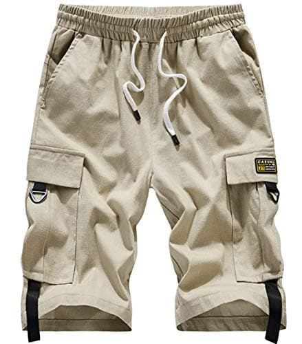XinYangNi Men's Cargo Shorts Elastic Waist Casual Outdoor Lightweight Work Shorts Multi-Pockets — Khaki3