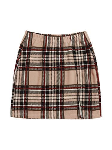 Floerns Women's High Waisted Mini Plaid Split Hem Casual Skirt — Burgundy Beige