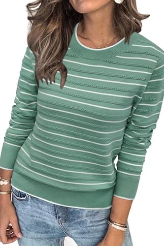 Womens Arach&Cloz Knit Sweater Long Sleeve Casual Spring Outfit Fashion — Striped Green White
