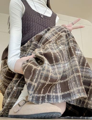 IDEALSANXUN Wool Plaid Midi Skirt for Women Fall Winter
