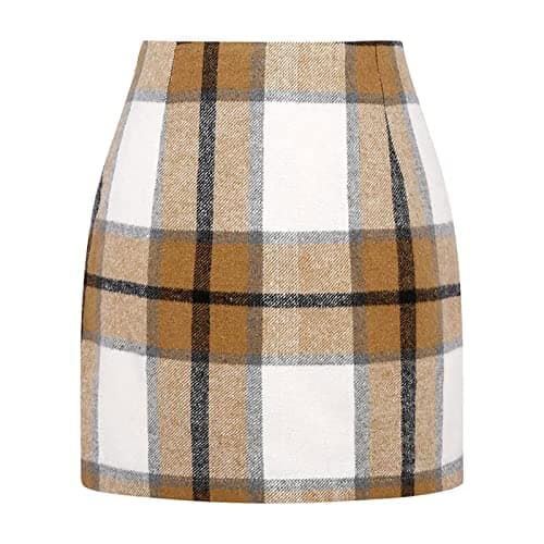 Yuemengxuan Women's Wool Plaid High Waist A-line Skirt — Mini Length Light Khaki
