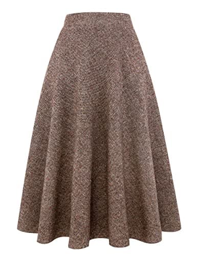 Mywinway Women's Warm Winter Aline High-Waisted Wool Plaid Skirts — Coffee