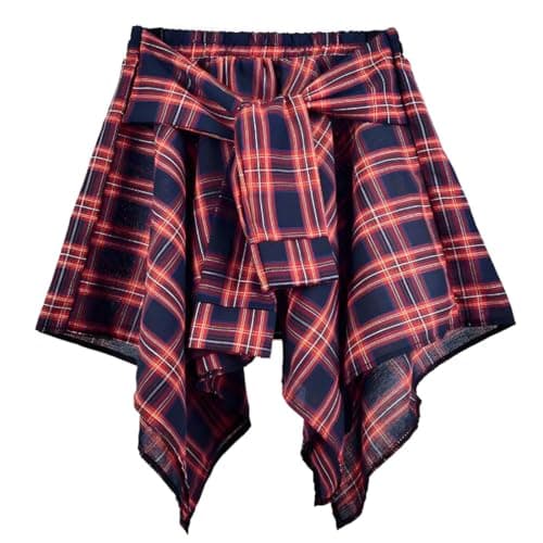 Women's Elastic Waist Plaid Mini Skater Skirt Knot Front Irregular Hem — Red & Blue